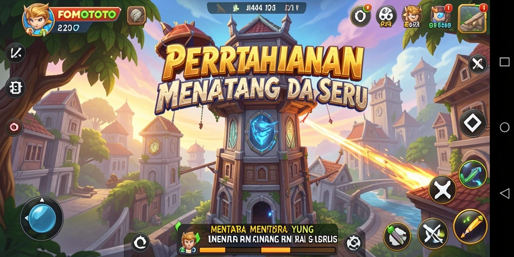 Gameplay FOMOTOTO yang mendebarkan di medan pertempuran Tower Defense.