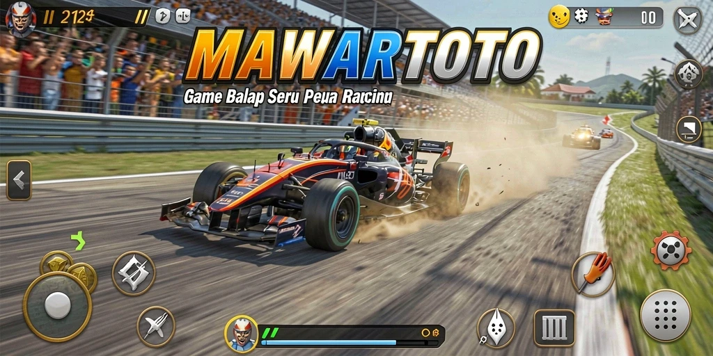 Gameplay seru MAWARTOTO dengan mobil balap melaju cepat.