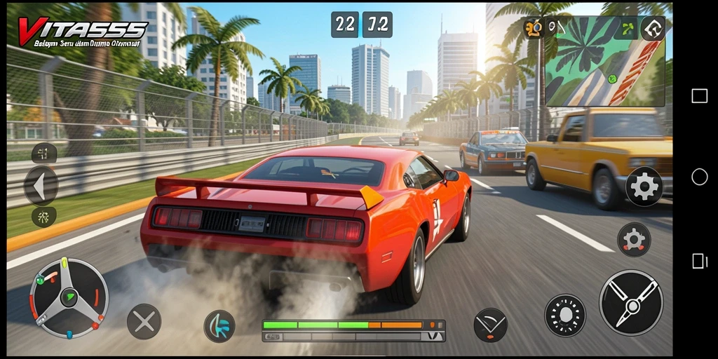 Screenshot VITA555 menunjukkan aksi balapan yang mendebarkan dan mobil-mobil keren.
